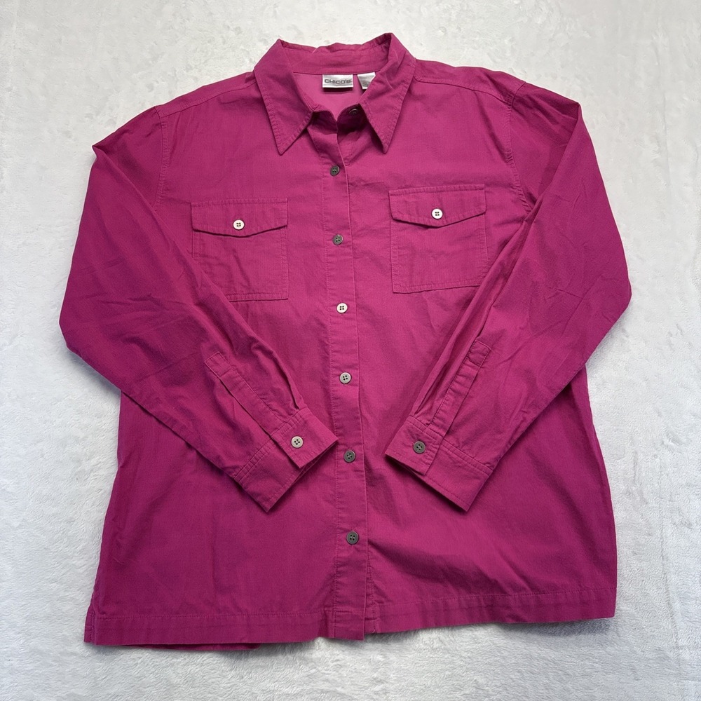 Chicos Shirt Womens Size 2 (8/10/12) Pink Corduroy Button Down Long Sleeve